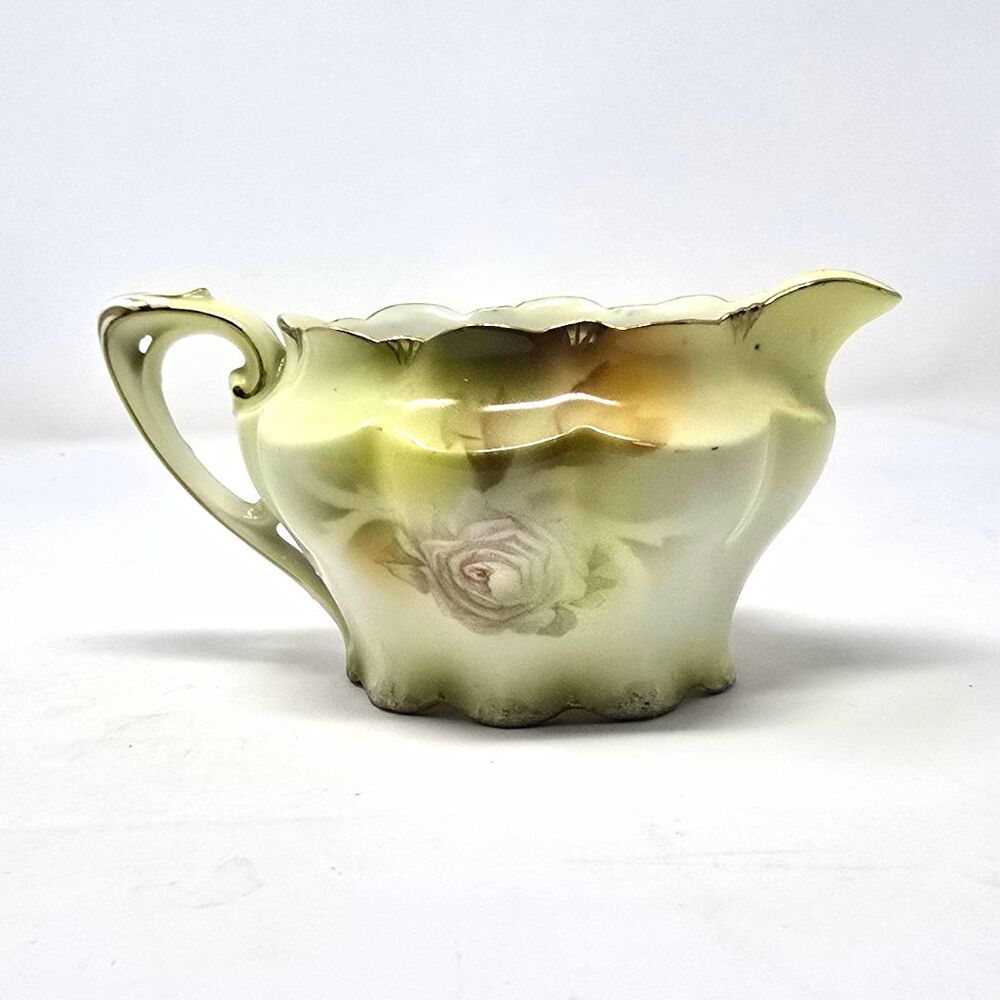 RS Prussia Porcelain Creamer Floral White Green Pink Gold Trim Handle